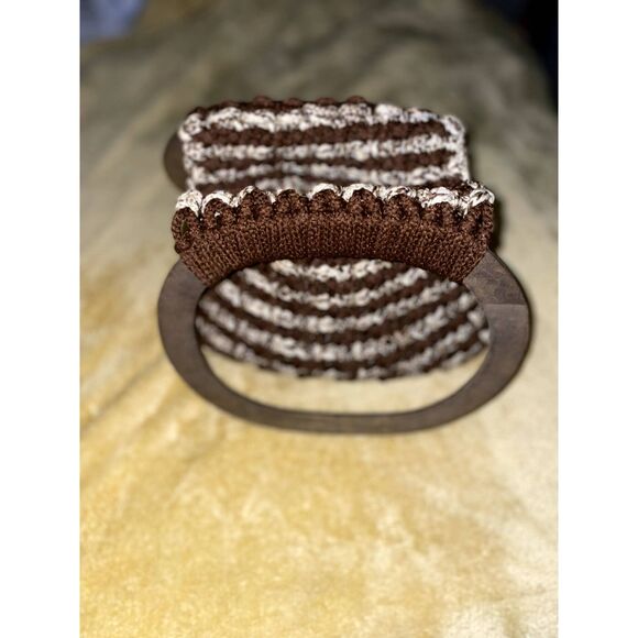 Boho Brown and White Striped Knit Handbag Wood Handle - Picture 2 of 4